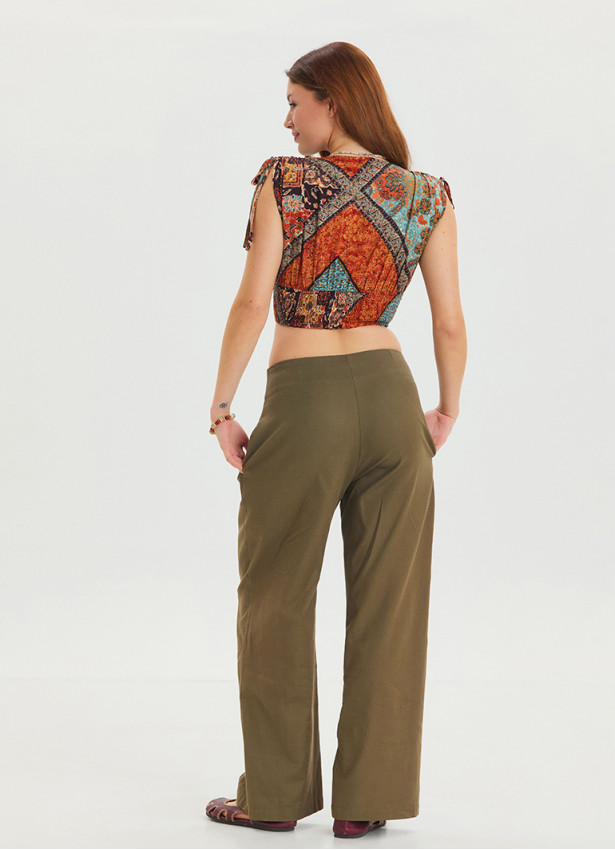 Pleated Bias Cut Buttoned Earth Color Bohemian Trousers 4464